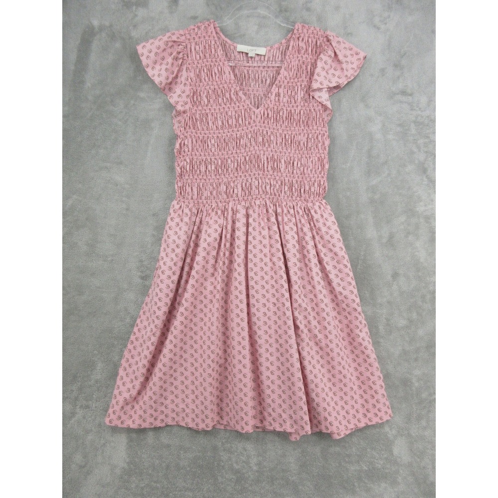 LOFT Dress Womens Size Small Pink Floral Smocked Flutter Sleeve Pockets Boho
